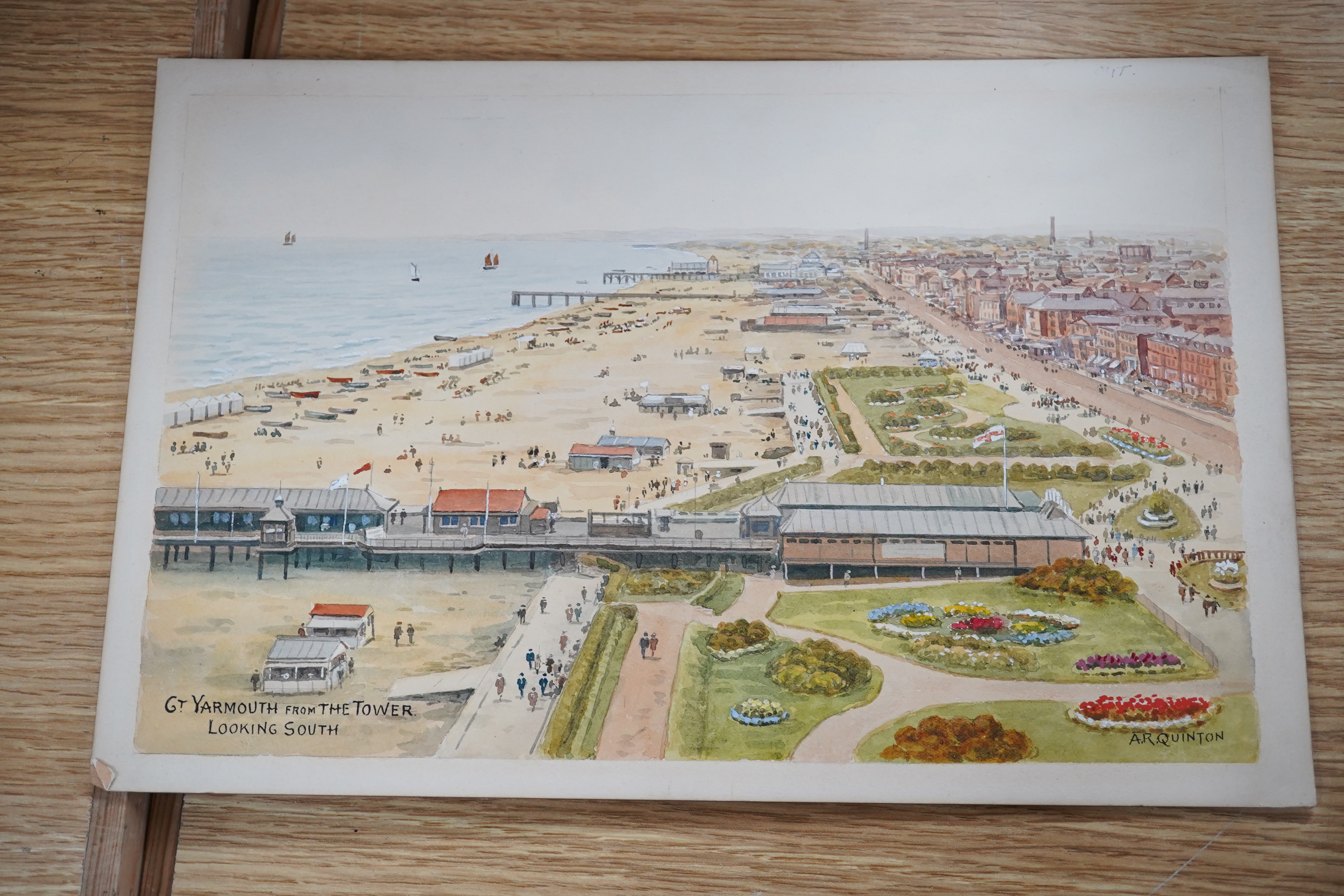 Alfred Robert Quinton (1853-1934), four original watercolours for postcards, East Anglia Coast views comprising The pavilion & beach, Clacton-on-sea, The Beach, Felixstowe, Suffolk, The Promenade, WestCliff-on-Sea and Gr